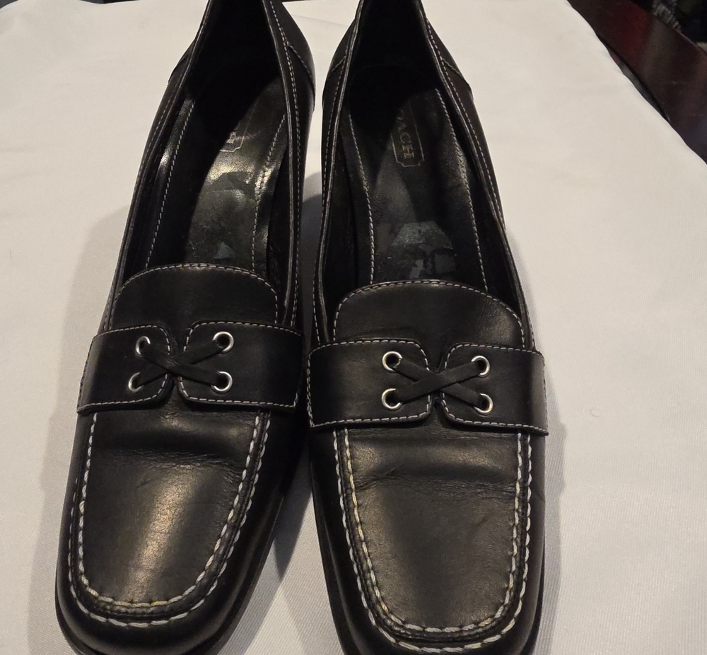 Coach Black Leather Loafers with White Stitching